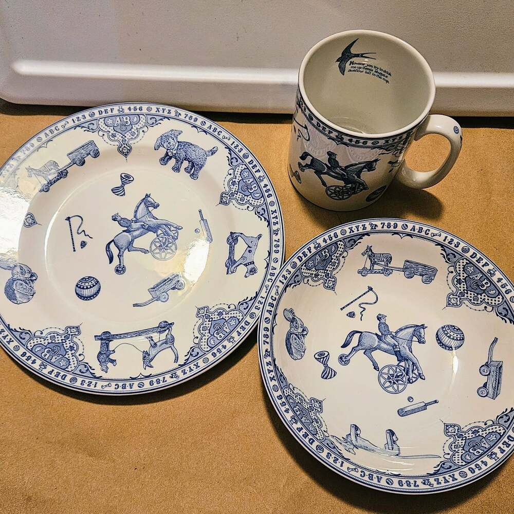 Spode Edwardian Childhood Blue 3 Piece Childrens Set Plate Bowl Mug England